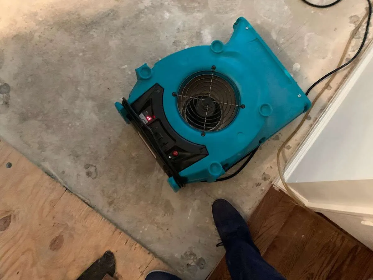 Air mover drying subfloor during Leak Detection & Repair in Staunton